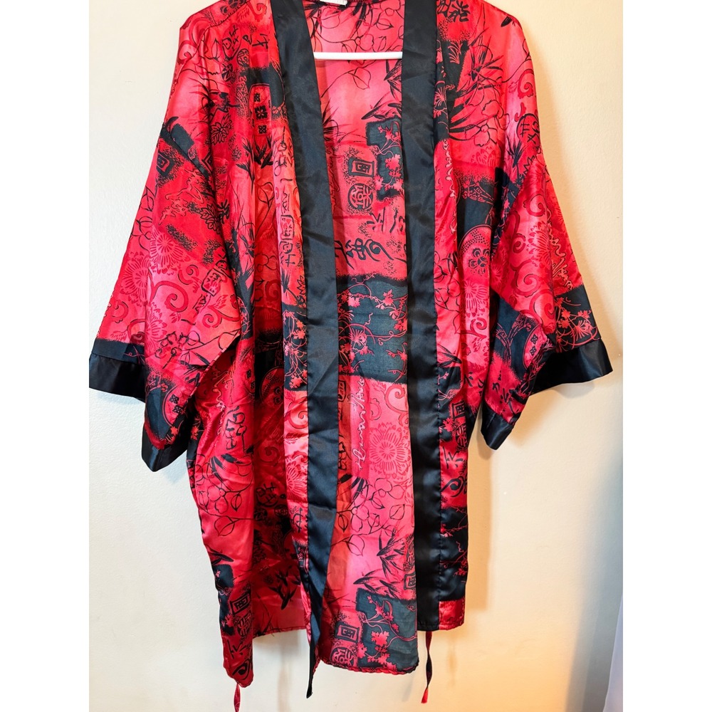 Womens Satin Robe Bundle Pink Peacock Floral & Red Black Script Kimono Style M